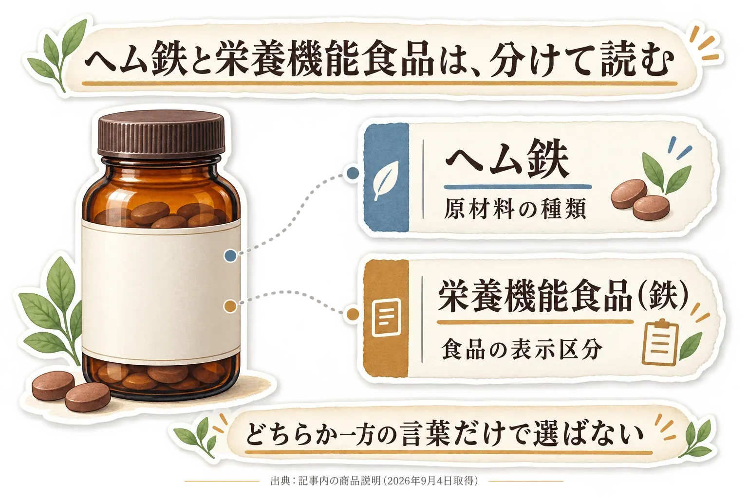 ヘム鉄は原材料の種類、栄養機能食品（鉄）は食品の表示区分であることを示す図。どちらか一方の言葉だけで選ばず、分けて読むよう案内している。出典：記事内の商品説明（2026年9月4日取得）。