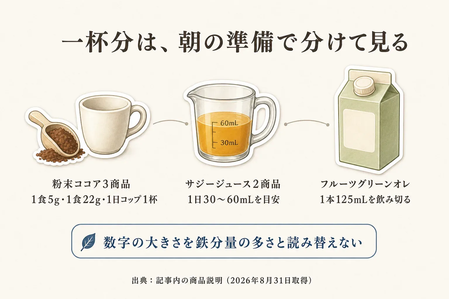 朝の準備に関わる一杯分を比べる図。粉末ココア3商品は1食5g・1食22g・1日コップ1杯、サジージュース2商品は1日30〜60mLが目安、フルーツグリーンオレは1本125mLを飲み切る。数字の大きさを鉄分量の多さと読み替えない。出典：記事内の商品説明（2026年8月31日取得）。