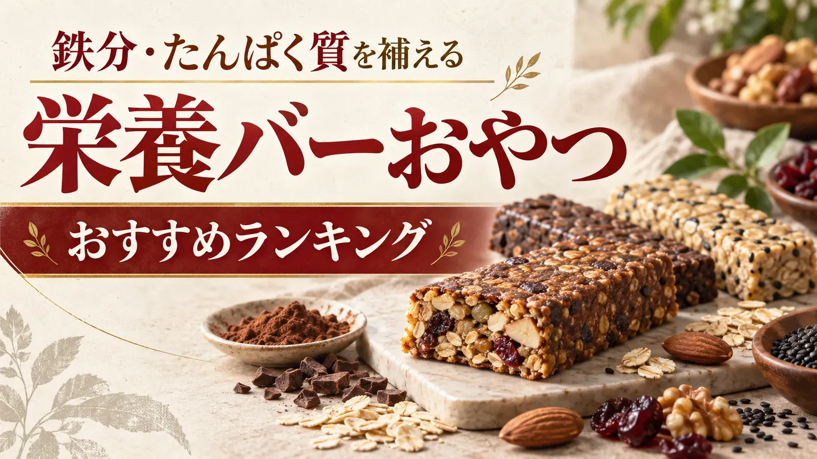 鉄分・たんぱく質を補える栄養バーのおやつを示す図。オーツ、ナッツ、チョコレート、ドライフルーツなどが見える栄養バーが並び、購入時にランキングだけでなく記事内の表示や食べ方を確認することを示す。