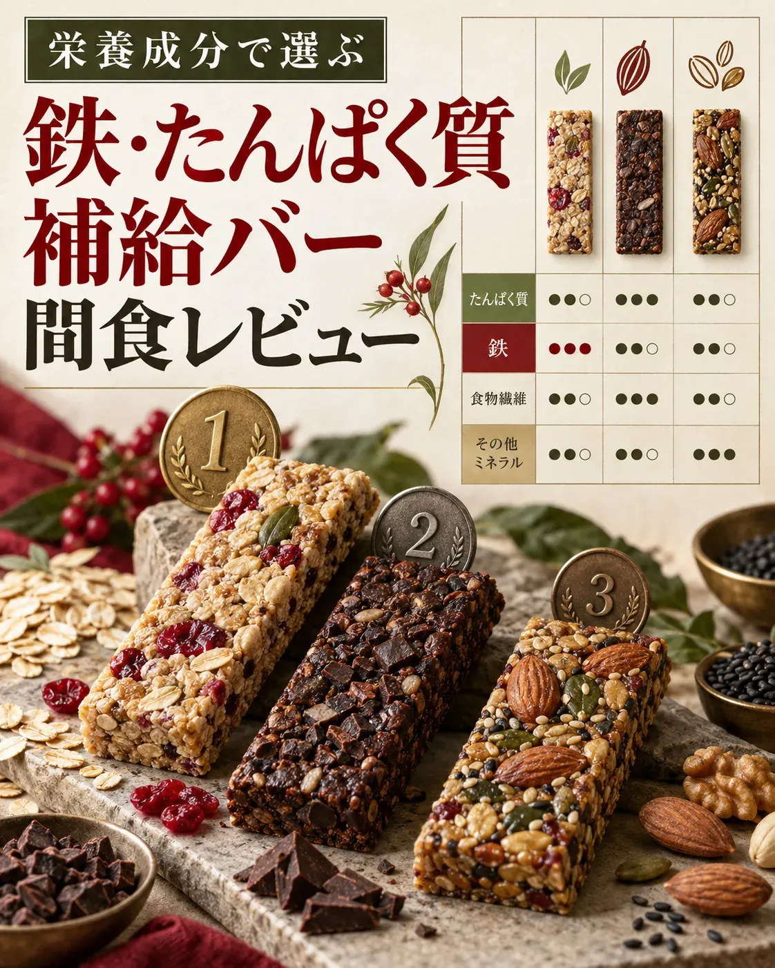 鉄・たんぱく質・食物繊維・その他のミネラルの栄養項目を点で比較する3本の栄養バーの図。鉄の量だけでなく、たんぱく質などの栄養成分表示も併せて確認することを示す。