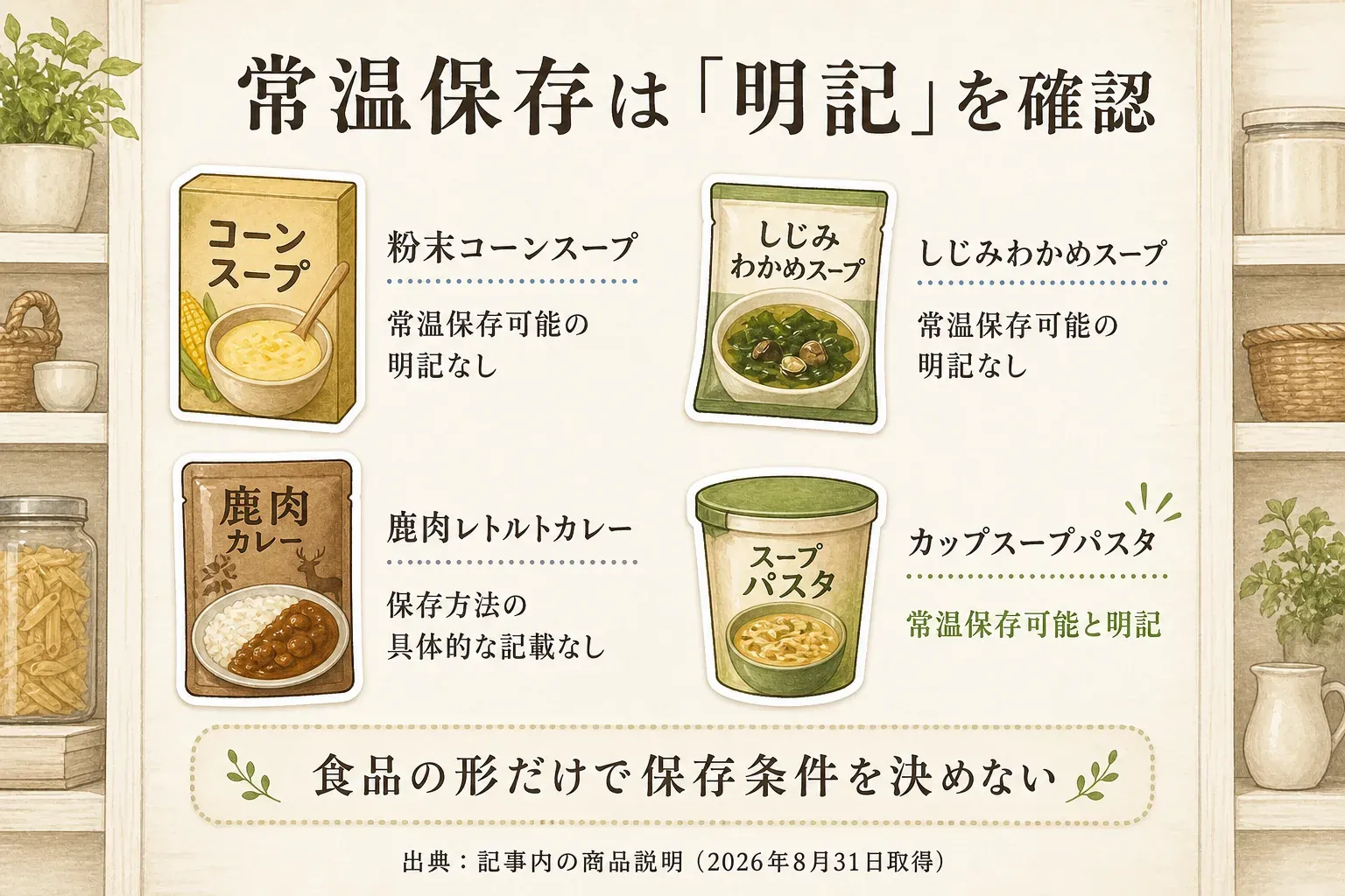 鉄分入りスープ・カレー4商品の保存表記を比較する図。ZENB DELIには常温保存可能と明記され、はぐくみ太郎としじみわかめスープには高温・多湿・直射日光を避ける案内があるが常温保存可能の明記はなく、旨鹿カレーは今回の説明文に具体的な保存方法の記載がない。出典は2026年8月31日取得の商品情報。