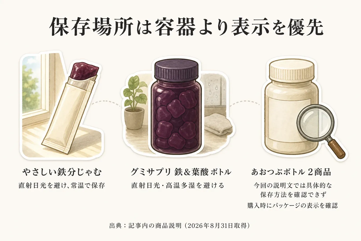 保存場所は容器より表示を優先する図。やさしい鉄分じゃむは直射日光を避け常温保存、グミサプリ鉄＆葉酸ボトルは直射日光・高温多湿を避ける、あおつぶボトル2商品は今回の説明文では具体的な保存方法を確認できず購入時にパッケージ表示を確認すると示している。出典：記事内の商品説明（2026年8月31日取得）。
