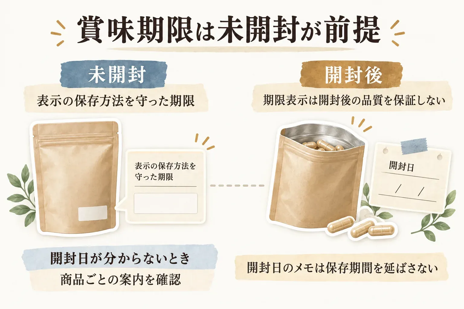 未開封と開封後の袋を並べ、賞味期限の前提を説明する図。未開封で表示の保存方法を守った場合の期限であり、開封後の品質は保証しない。開封日が分からないときは商品ごとの案内を確認し、開封日のメモは保存期間を延ばさないと示している。出典：記事内で参照した消費者庁の食品表示基準Q＆Aと開封後の食品・保存方法の案内。