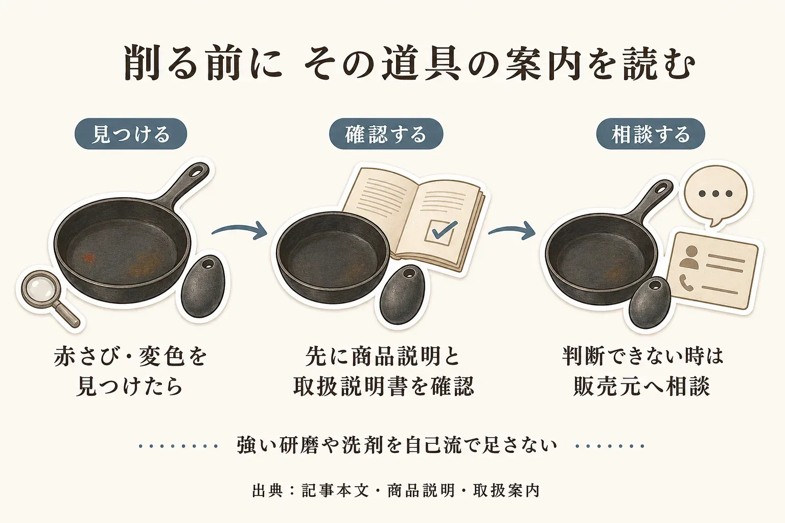 鉄フライパンと鉄玉子に赤さびや変色を見つけたときの確認手順を示す図。商品説明と取扱説明書を先に確認し、判断できないときは販売元へ相談する。強い研磨や洗剤を自己流で足さない。出典：記事本文・商品説明・取扱案内。